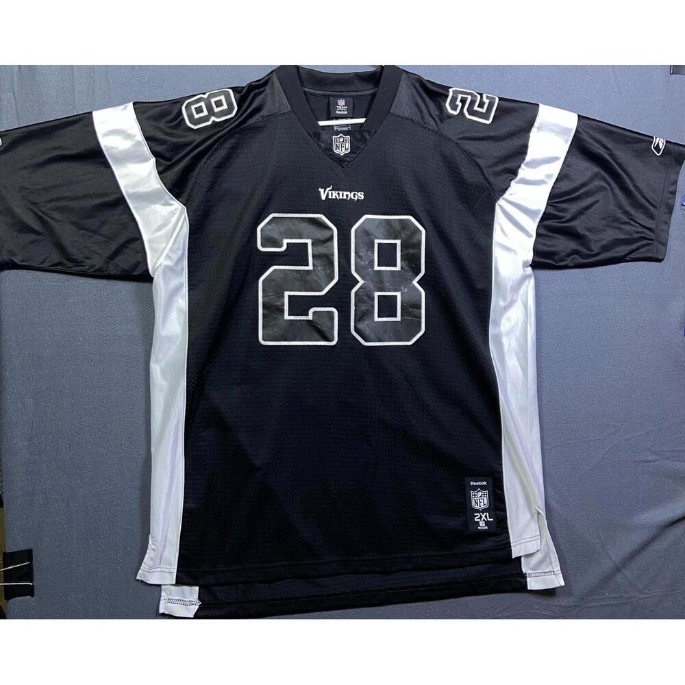 Reebok NFL Adrian Peterson #28 Black And White Vikings Jersey Mens Size XXL 2XL